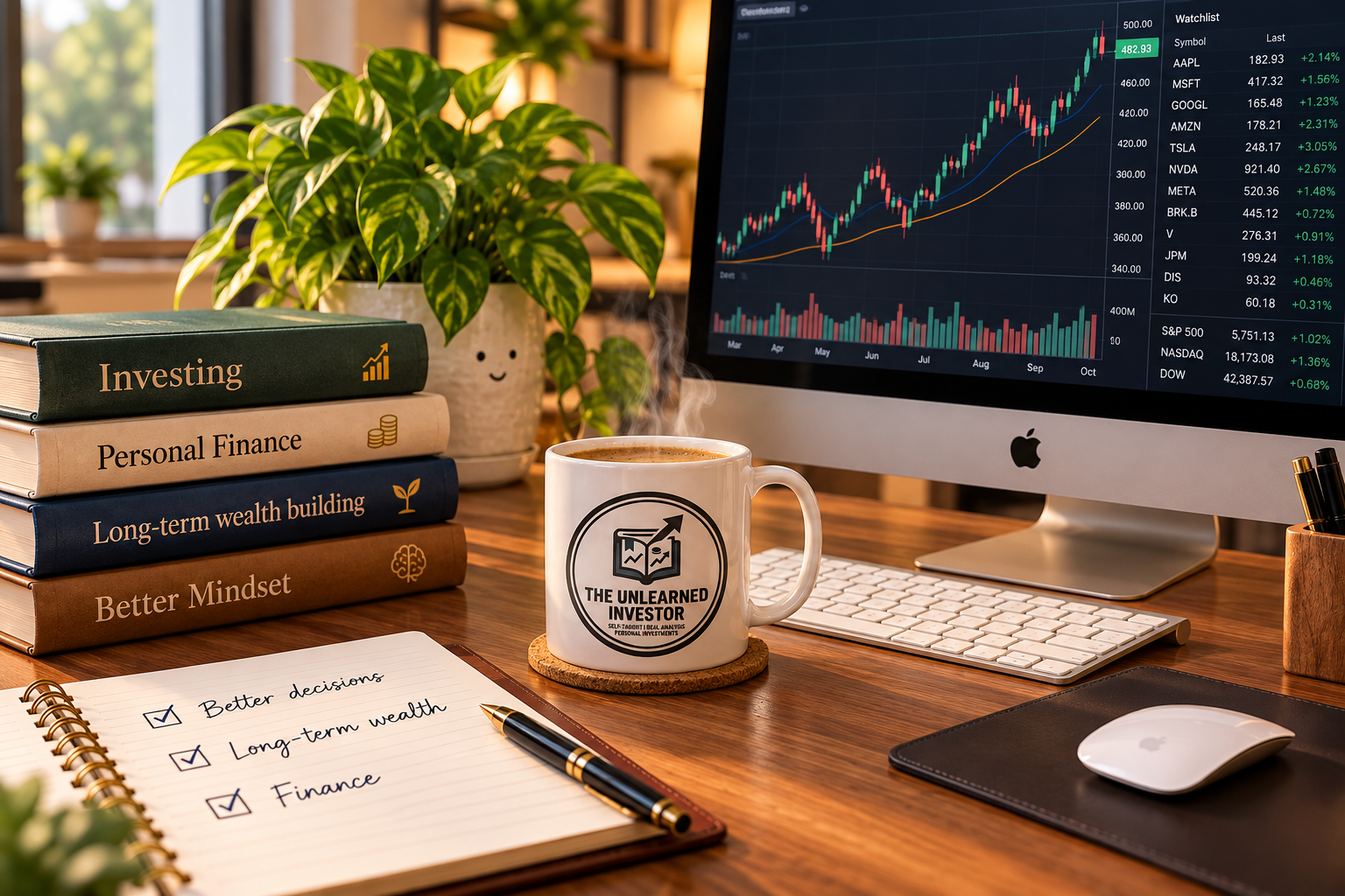 An investing workspace with finance books, market charts, a coffee mug and notebook